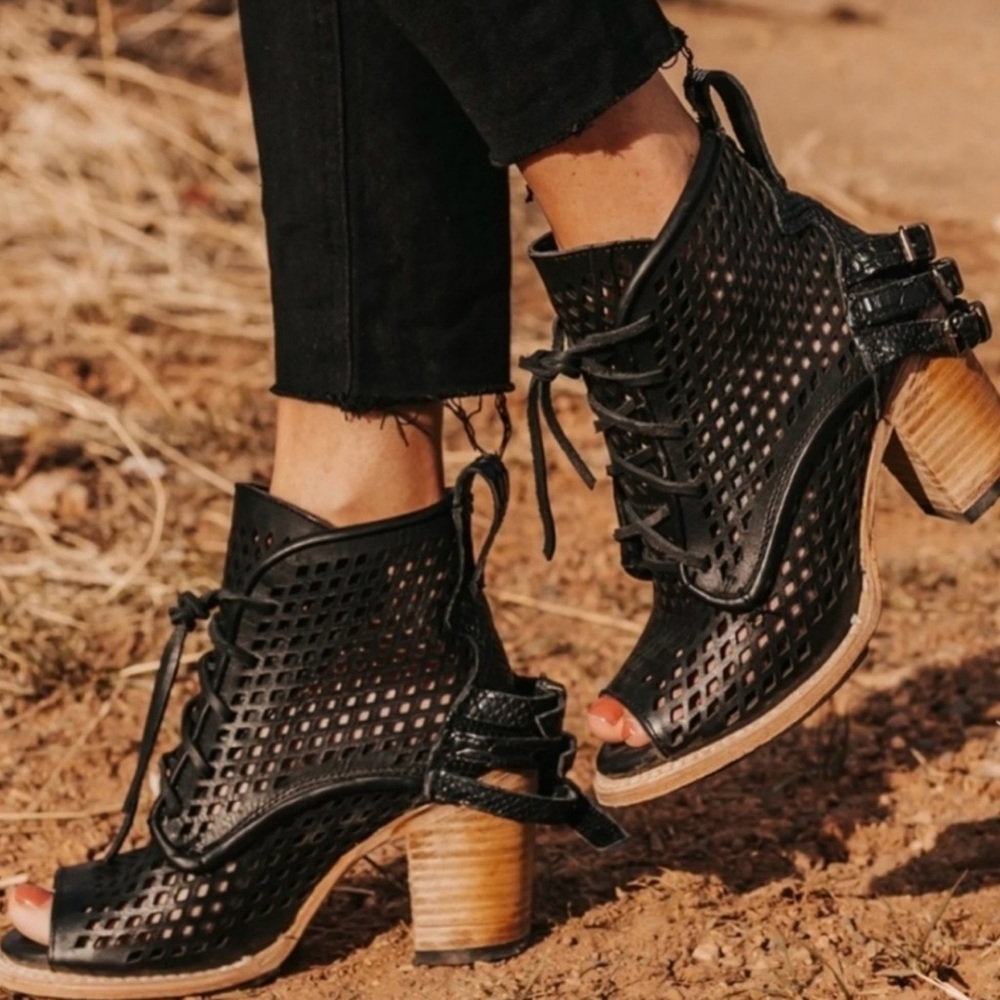 Freebird Black Perforated Lace-Up Ankle Booties